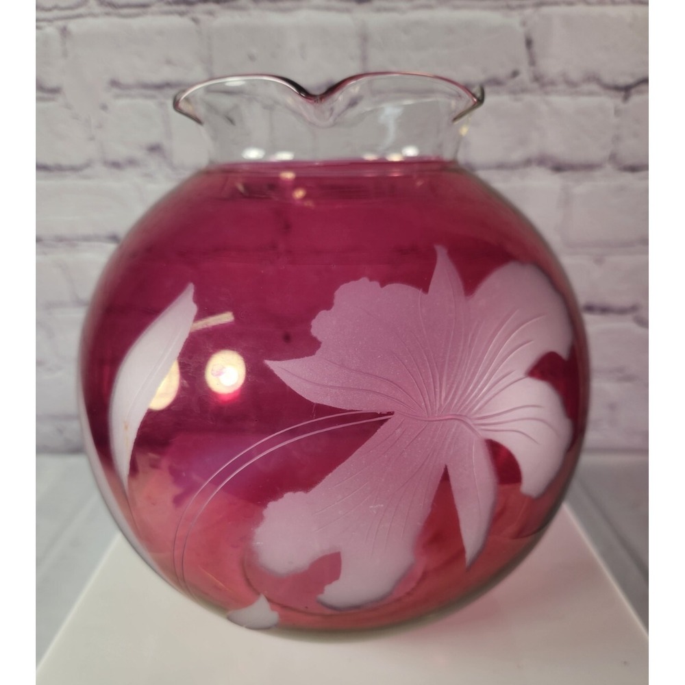 Etched Red Cranberry Glass Vase‎ Bowl Decor Flower Beautiful Ruby Red Color!